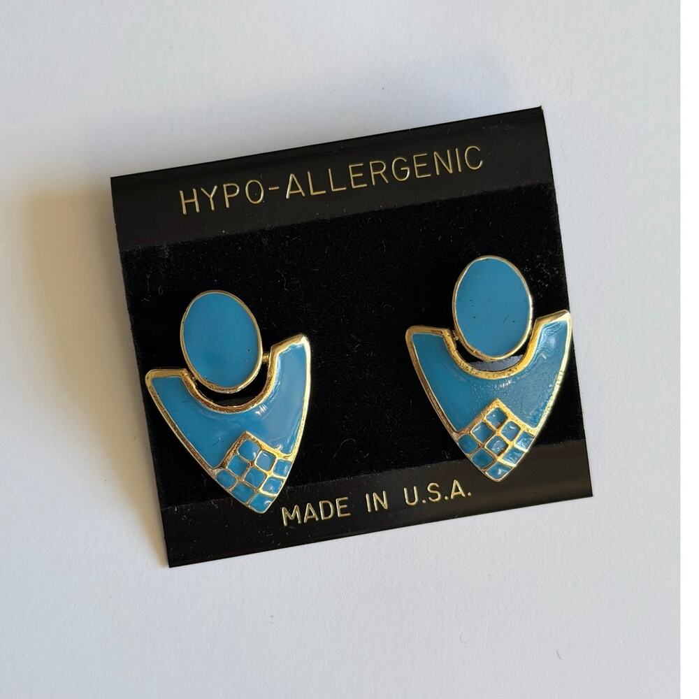Vintage Blue Enamel Gold Tone Geometric Statement Earrings Made in USA